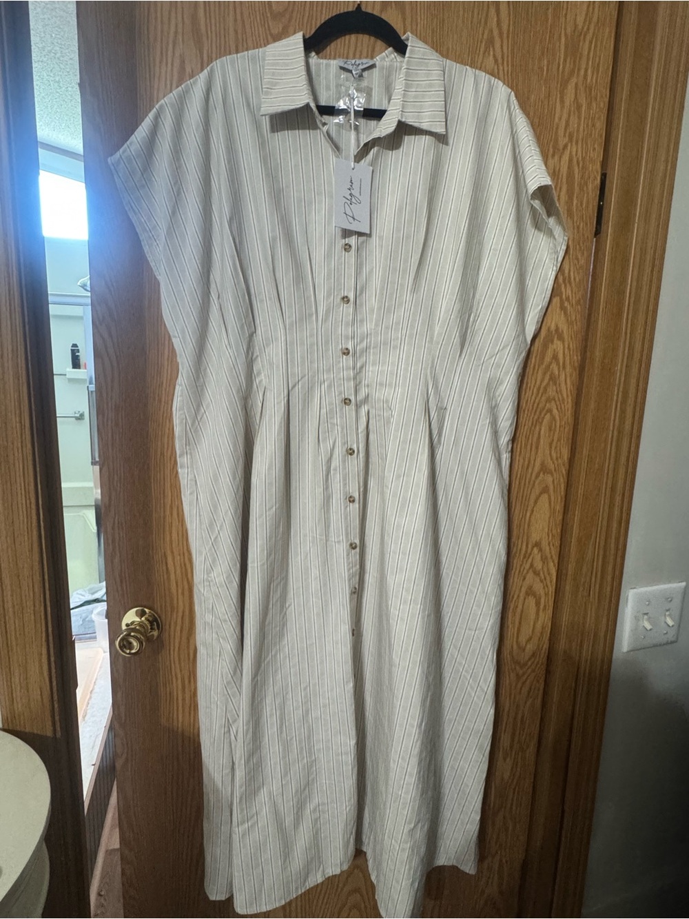 Polagram Size 1X Cream Striped Midi Shirt Dress